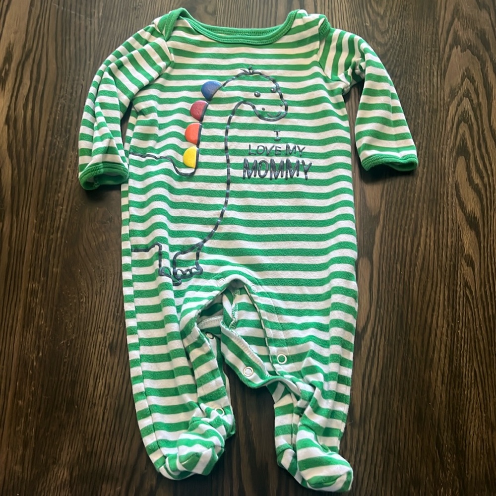 6-9 Months Green and White Striped I Love My Mommy Dinosaur Sleeper